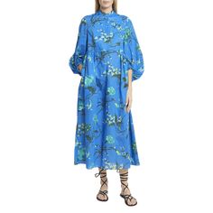 Erdem dress featuring a floral print, bib front, and waist gathering detail Band collar; quarter-button front 3/4 puff sleeves Hem falls below the knee Shift silhouette Cotton/linen Dry clean, professional cleaning recommended Imported 3/4 Sleeve Floral Midi Dress For Daywear, Floral Print Midi Dress With 3/4 Sleeves For Daywear, Spring Midi Dress With 3/4 Gathered Sleeves, Erdem Dress, Travel Size Perfume, Evening Flats, Cocktail Jacket, Midi Shift Dress, Band Collar