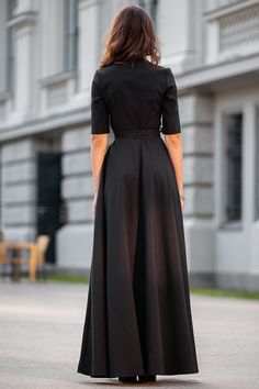 "Black classic maxi dress with circle skirts ➤ Features > dress lenght: 150 cm / 59,05\" > mid sleeves > v neckline > circle skirts > waistband ➤ Sizing My Size Guide in FAQ section below will help you define the perfect size match. The item can also be made according to your measurements - just message them to me. ➤ Delivery Your item is made-to-order and will be ready within 2-7 days. Average delivery times: > North America: up to 1-2 weeks > New Zealand, Australia: up to Elegant Fitted Maxi Skirt With Wide Hem, Black Maxi Dress For Formal Occasions, Fitted Black A-line Maxi Dress, Black Long Skirt Formal Dress, Formal Black Full-length Maxi Dress, Black Full-length Maxi Dress For Spring, Black Fitted A-line Maxi Dress, Black Fitted Asymmetrical Maxi Dress, Black Floor-length Evening Maxi Dress