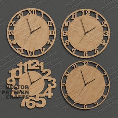 three wooden clocks with numbers on them and the time is fifteen forty five thirty four