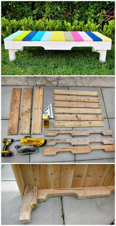 an outdoor bench made out of pallets and wood