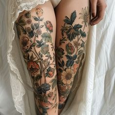 Exquisite Leg Tattoos For Women Tattoo Outlines Millenial Tattoo Ideas, Fairy Leg Sleeve Tattoo, Pretty Gothic Tattoos, Half Sleeve Nature Tattoos For Women, Nature Stomach Tattoos, Full Body Floral Tattoo, Leg Plant Tattoo, Femur Tattoo, Lady Of The Lake Tattoo