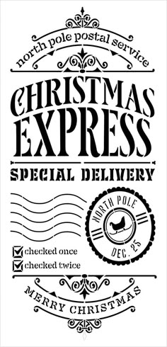 the christmas express special delivery label is shown in black and white, with an ornate border