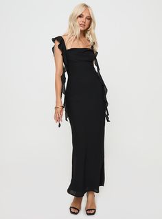 Maxi dress Ruffle straps, invisible zip fastening at the side, cowl neck Non-stretch, fully lined 100% recycled polyester Cold machine wash Black Dresses Midi, Black Plus Size Evening Dress, Black Formal Dresses Long, Cute Black Dress Long, Fun Black Bridesmaid Dresses, Medium Length Formal Dress, Cocktail Clothes, Winters Dresses, Cool Girl Long Dress