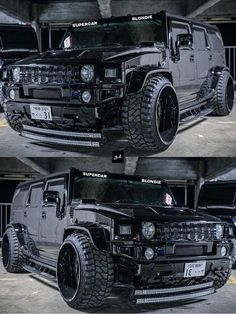 the front and side view of a black hummer truck with chrome rims on it