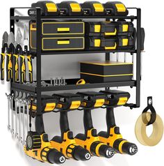 a tool rack filled with tools next to a pair of pliers