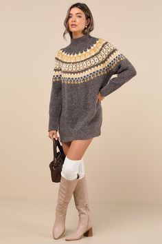 Grab your coziest booties and the Lulus Wintertime Comfort Charcoal Fair Isle Sweater Mini Dress for a perfect snow day 'fit! Soft and fuzzy medium-gauge knit shapes this chic sweater dress that has a mock neckline and long sleeves. Yellow and white Fair Isle-style patterning decorates the yoke, atop a shift-style silhouette that creates an ultra-comfy fit as it falls to a mini hem. Ribbed knit accents the neckline, cuffs, and hem. Fit: This garment fits true to size. Length: Mid-thigh. Size med Oversized Fair Isle Sweater, Cozy Fit Fair Isle Sweater, Gray Fair Isle Sweater, Winter Fair Isle Long Sleeve Sweater, Fair Isle Sweater Dress, Sweater Mini Dress, Chic Sweater, Chic Sweaters, Fair Isle Sweater