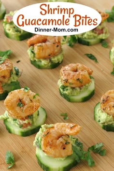 shrimp and cucumber bites on a wooden cutting board with the title overlay