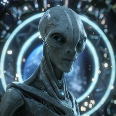 an alien is standing in front of a circular object