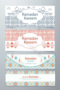 three colorful banners with arabic ornames and ornaments on the edges for rama kareem