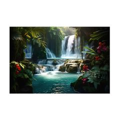 an image of a beautiful waterfall in the jungle with flowers and greenery around it