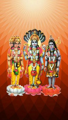 three deities standing in front of an orange and red background with the sun shining above them