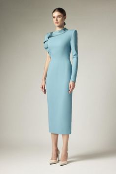 Freda Sheath Asymmetric Sleeved Crepe Calf Length Dress | MEAN BLVD Blue Midi Dress With Draped Sleeves For Evening, Blue Midi Dress With Draped Sleeves, Blue Midi Dress With Draped Sleeves For Cocktail, Chic Blue Midi Dress With Draped Sleeves, Chic Fitted One-sleeve Dress, Blue Midi Dress With Draped Sleeves For Party, Fitted Light Blue Dress With Asymmetrical Hem, Light Blue Fitted Dress With Asymmetrical Hem, Blue Party Midi Dress With Draped Sleeves