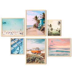 four framed photographs of the beach and ocean with palm trees on each side, including an orange vw bus