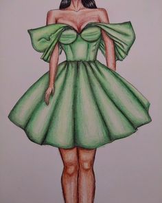 a drawing of a woman in a green dress