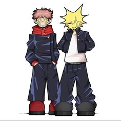 two anime characters standing next to each other