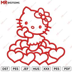 a machine embroidery design of a hello kitty sitting on top of heart shaped hearts with the word