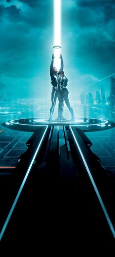 a sci - fi movie poster with two people standing on train tracks