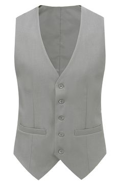 Bring understated elegance to the table in this three-piece suit crafted from rich fabric in a classic single-breasted silhouette. Jacket has notched lapels; chest welt pocket; front flap pockets Vest has front button closure; V-neck Pants have zip fly with button closure; front slant pockets; back button-welt pockets Jacket and vest are lined; trousers are lined to the knee 65% polyester, 35% viscose Dry clean Imported Each suit has a 6” drop, meaning that a size 38R jacket is paired with size Fitted Semi-formal Set With Flat Front, Semi-formal Fitted Sets With Flat Front, Classic Sleeveless Three-piece Suit For Wedding, Fitted Sleeveless Solid Suit, Fitted Sleeveless Solid Color Suit, Elegant Slim Fit Solid Color Set, Formal Fitted Single Button Vest, Solid Fitted Three-piece Suit For Workwear, Classic Fitted Sets With Welt Pockets