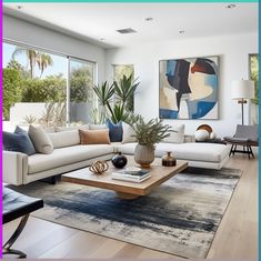 a living room filled with lots of furniture and plants in vases on top of a coffee table