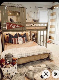 a bed room with a neatly made bed and stuffed animals