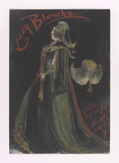 a drawing of a woman in a long dress with a fan on her shoulder and the words lady black written across it