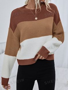 Style:Casual \nType:Pullovers \nNeckline:Round Neck \nSleeve Type:Drop Shoulder \nColor:Multicolor \nPattern Type:Colorblock \nSleeve Length:Long Sleeve \nLength:Regular \nTemperature:Spring/Fall (18-25℃/63-77℉) \nFit Type:Regular Fit \nFabric:Slight Stretch \nMaterial:Fabric \nComposition:100% Acrylic \nCare Instructions:Machine wash or professional dry clean \nSheer:No \n Nice Long Sleeve Tops, Sweaters Women, Fall Clothes, Cute Fall Fashion, Aesthetic Hoodie, Trendy Sweaters, Drop Shoulder Sweaters, Cute Outfits For School, Plus Size Sweaters