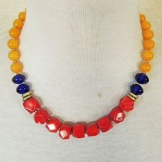 - New & Handmade - Materials: Red Coral Beads, Blue Recycled Glass Beads, Golden Yellow Agate, Gold-Plated Lobster Clasp - Length: Necklace: 18" From End To End Boho Necklace Mustard Yellow Vibrant Orange Jewelry With Colorful Beads, Bold Colorful Beads Jewelry Gift, Vibrant Red Jewelry With Colorful Beads, Vibrant Colorful Beaded Jewelry Gift, Vibrant Beaded Adjustable Necklace, Vibrant Adjustable Beaded Necklace, Vibrant Red Beaded Necklace For Gift, Vibrant Orange Round Bead Jewelry, Vibrant Orange Round Beaded Jewelry