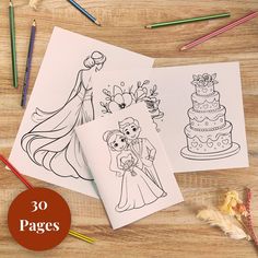 two coloring pages with princess and prince on them next to colored pencils, markers and crayons