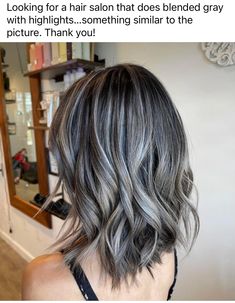 Ashy Blonde Grey Blending, Dark Brown And Gray Balayage, Ash Brown Hair Silver Highlights, Ash Brown With Grey Blending, Highlights For Dark Brown Hair With Gray, Transition To Gray Hair From Auburn, Dark Hair With Highlights To Blend Grey, Light Brown With Gray Highlights