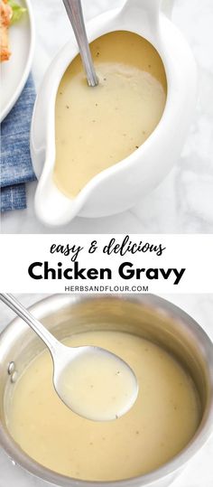 two pictures of chicken gravy in white bowls with spoons on the side