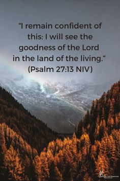 the bible verse is shown with trees and mountains in the background, as well as a rainbow