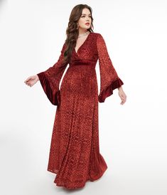 An ethereal maxi silhouette crafted in a woven fabric that dances with a velvet burnout. Outfitted with three-quarter length sleeves that dance with ruffled velvet cuffs while a back zipper nips in the empire waist..Available in sizes XS-5X while supplies last. | Unique Vintage 1960S Burgundy Velvet Burnout Maxi Dress | Size Small/4 Silhouette Crafts, Large Size Dresses, Empire Waist, Three Quarter, Woven Fabric, Unique Vintage, Length Sleeve, 1960s, Velvet