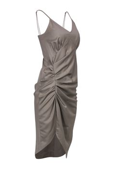 Go sleek and sultry for your next soiree with this Helmut Lang frock! Created in a trendy mid silhouette with chic ruching and a unique asymmetrical hem, this curve-hugging creation will have all eyes on you at any cocktail party or swanky get-together. Add some glitz with sparkly stilettos and statement earrings and you're bound to wow! Size 2 Shell: 100% Virgin Wool Trim: 100% Silk Concealed back zipper Unlined Fitted, midi silhouette V-neckline Sleeveless w/ knotted spaghetti straps Ruched fl Chic Ruched Sleeveless Dress For Formal Occasions, Chic Ruched Midi Dress For Formal Events, Chic Ruched Midi Dress For Formal Occasions, Chic Sleeveless Dress With Asymmetrical Neckline For Party, Chic Formal Midi Dress With Ruched Sides, Fitted Ruched Sleeveless Dress For Formal Occasions, Party Midi Dress With Draped Ruched Sides, Chic Asymmetrical Sleeveless Dress For Party, Party Midi Dress With Ruched Sides And Draped Shape