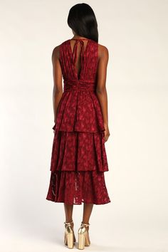 Wine Red Midi Dress - Tiered Midi Dress - Jacquard Dress - Lulus Red Fitted Tiered Midi Dress, Fitted Red Tiered Midi Dress, Fitted Tiered Red Midi Dress, Elegant Red Tiered Midi Dress, Elegant Red Tiered Dress, Red Midi, Lulu Fashion, Adhesive Bra, Darling Dress