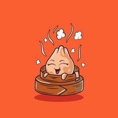 a cartoon cat sleeping on top of a wooden bowl with its eyes closed and it's head sticking out