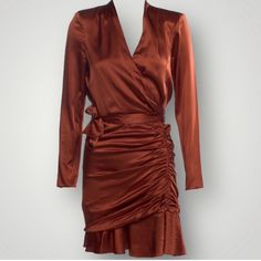 Gorgeous Cognac Colored Faux Wrap Style Mini Dress New With Tags Retail Price Of 698$ Fabric Composition: 92% Silk, 8% Spandex Interior - 100% Polyester Measurements: Bust: 30" Waist: 23.5" Hip: 29" Length: 35.5' Size: 2 Note : I Never Wear This Item, I Don’t Know How It Fit And I Don’t Know It Run Big Or Small . I Purchase This Item By Accident In Porchmark And I Can’t Return It , Only Way I Just Post Re Sell It . Fall Satin Mini Dress Knee-length, Orange Mini Length Dress For Formal Occasions, Orange Mini Length Formal Dress, Formal Orange Knee-length Mini Dress, Chic Orange Mini Dress For Formal Occasions, Chic Orange Formal Mini Dress, Orange Mini Formal Dress, Orange Knee-length Mini Dress For Evening, Fall Satin Midi Dress For Date Night