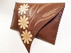 Unusual daisies clutch Painted wheat bag Brown leather flowers Brown Pouch Clutch As Gift, Handmade Brown Clutch, Envelope Clutch As A Gift In Brown, Brown Envelope Clutch As Gift, Brown Envelope Clutch As A Gift, Brown Envelope Clutch For Gift, Painted Leather Purse, Wheat Bag, Artist Bag