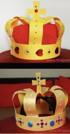 the crown is made out of paper and has red hearts on it, as well as a cross