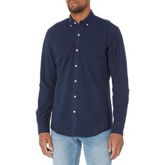 Essentials Men's Slim-Fit Long-Sleeve Pocket Oxford Shirt Size Xs New Navy Long Sleeve Cotton Shirt, Blue Slim Fit Casual Shirt, Casual Blue Slim Fit Shirt, Blue Slim Fit Shirt With Pockets, Navy Cotton Shirt With Relaxed Fit, Navy Relaxed Fit Cotton Shirt, Blue Slim Fit Top With Pockets, Navy Cotton Shirt For Everyday, Blue Cotton Shirt With Pockets