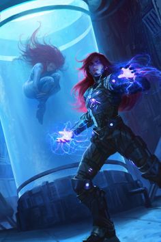 a woman with red hair and blue lights in her hands