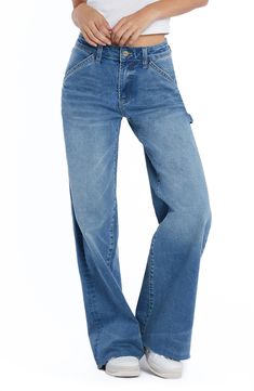 Raw hems refresh the retro style of wide-leg carpenter jeans crafted from faded low-stretch denim. 32" inseam; 22 1/2" leg opening; 10 1/4" front rise Zip fly with button closure Front slant pockets; back patch pockets 67% cotton, 29% REPREVE® recycled polyester, 3% rayon, 1% spandex REPREVE recycled polyester is made from 100% post-consumer recycled plastic bottles Machine wash, tumble dry Imported Medium Wash Wide Leg Flare Jeans In Rigid Denim, Medium Wash Washed Flare Jeans In Rigid Denim, Medium Wash Rigid Denim Flare Jeans, Medium Wash Wide Leg Rigid Denim Cargo Jeans, Straight Leg Medium Wash Cargo Jeans With Frayed Hem, Wide Leg Flare Jeans In Medium Wash, Medium Wash Straight Leg Cargo Jeans With Frayed Hem, Medium Wash Straight Leg Cargo Jeans, Washed Blue Wide Leg Flare Jeans