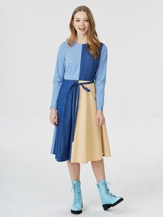 This is a romantic dress with two different  colors of check pattrns and denim. It looks so colorful with cool blue,  bright yellow and denim. The patterns in the front and back  are arranged in different grids. This makes unique and cute atmosphere.   The waistband creates a slim fit  that makes a beautiful body line. The model wore size of M(40). Lining / Slight Sheer / Moderate Thickness / Slight Stretch ▶Composition Outshell1 - Cottn 33%   Polyester 53%   Nylon 14% Outshell2 - Polyester 100% Fitted Blue Plaid Dress For Spring, Denim Blue Patchwork Dress For Fall, Plaid Patchwork Dress For Fall, Fall Denim Blue Patchwork Dress, Spring Cotton Plaid Long Sleeve Dress, Retro Blue Cotton Denim Dress, Spring Long Sleeve Cotton Plaid Dress, Spring Long Sleeve Plaid Cotton Dress, Fall Patchwork Denim Dress