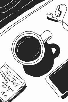 a black and white drawing of a cup of coffee next to a cell phone on a desk