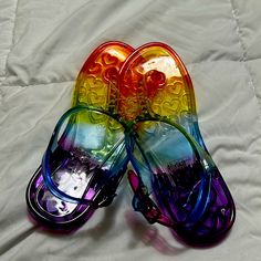 Girls Jelly Sandals Multicolor Rainbow Never Worn Still Has Zip Tie But Actual Tag May Have Fallen Off Trendy Jelly Sandals With Round Toe, Trendy Colorful Sandals With Round Toe, Cute Open Toe Jelly Sandals, Trendy Colorful Round Toe Sandals, Trendy Rainbow Sandals With Round Toe, Cute Purple Sandals For Spring, Cute Purple Open Toe Sandals, Multicolor Open Toe Sandals For Playtime, Playful Open Toe Plastic Sandals