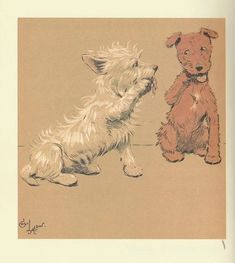 a drawing of a dog and a teddy bear sitting next to each other on a beige background