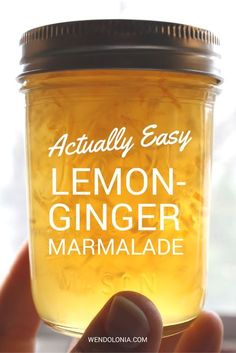 a hand holding a jar of lemon ginger marmalade with the words actually easy on it