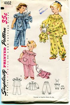 vintage - 1950's- original - size 4 - pj's and bunny doll sewing pattern ...complete - uncut ... just adorable set ... Girls Pajamas Pattern, Vintage Kids Fashion, Pajama Pattern, Toddler Pajamas, Sewing Patterns Girls, Motif Vintage