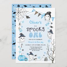 a blue and white halloween birthday party card