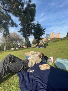 a man laying on top of a blue blanket next to a park filled with trees