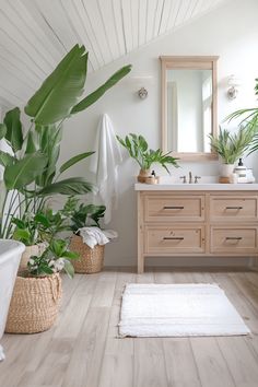 a bathroom with wooden floors and plants in baskets on the counter top, along with a white rug